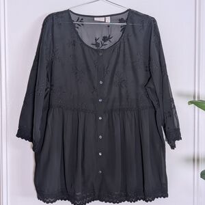 LOGO by Lori Goldstein Black Embroidered Blouse‎